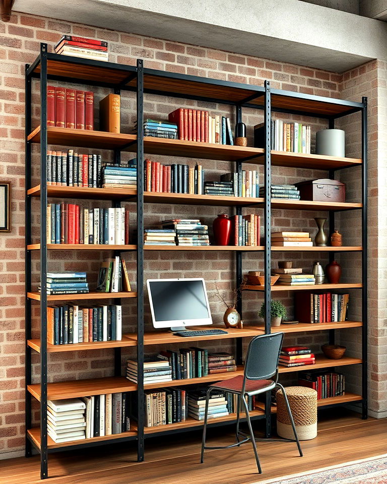 industrial style shelving home office - 25 Home Office Library Ideas