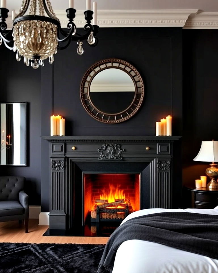 install a faux fireplace in luxury black bedroom - 25 Luxury Black Bedroom Ideas