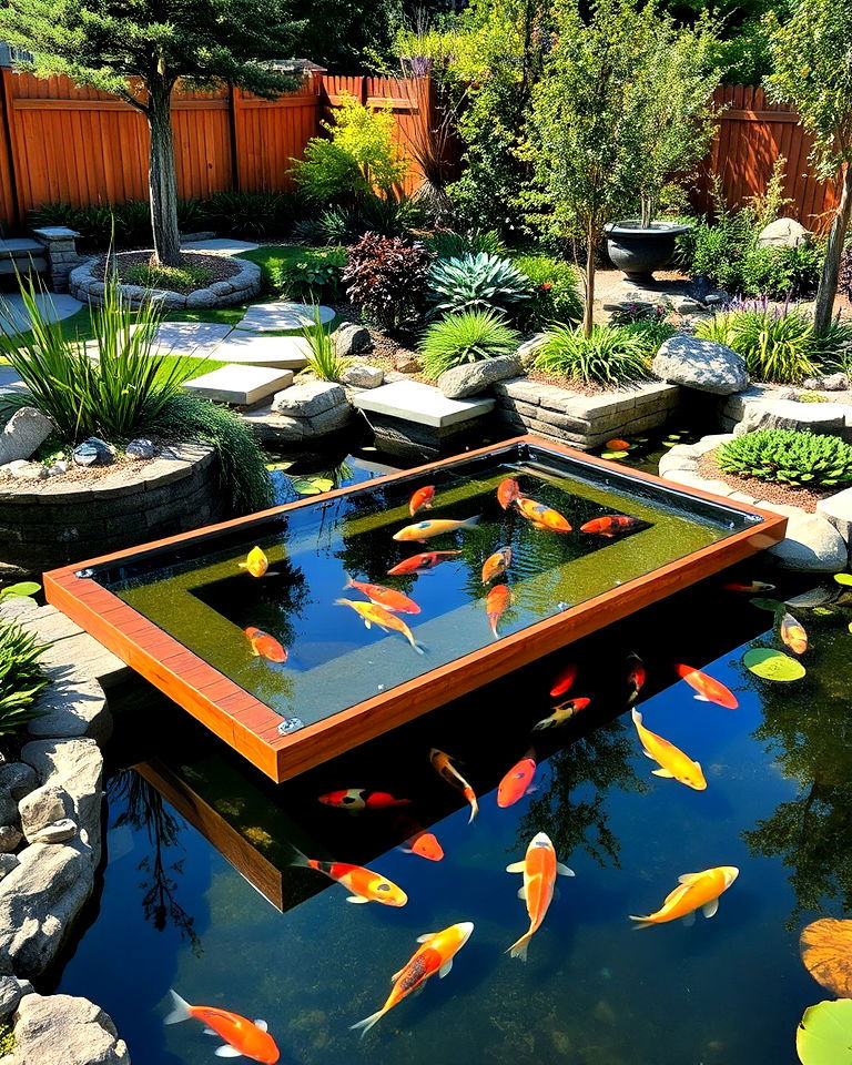install a koi viewing platform for pond - 15 Large Pond Landscaping Ideas