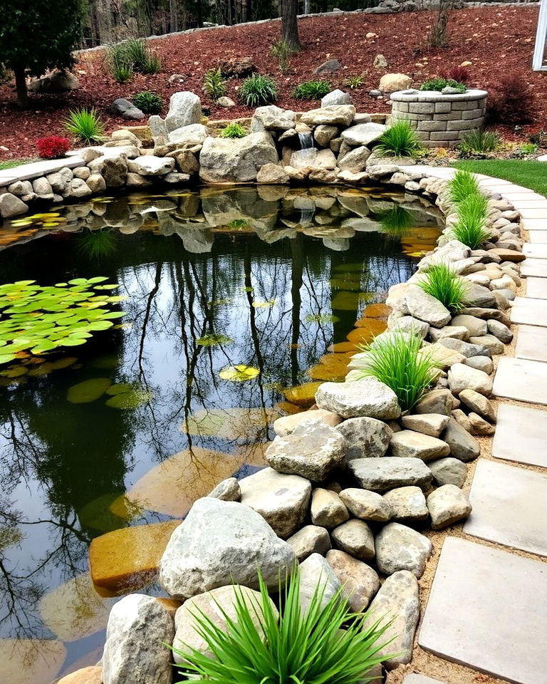 install a natural stone border around your pond - 15 Large Pond Landscaping Ideas