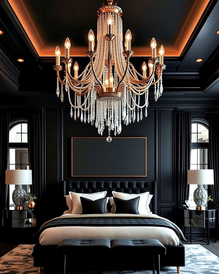 install a statement chandelier in bedroom - 25 Luxury Black Bedroom Ideas