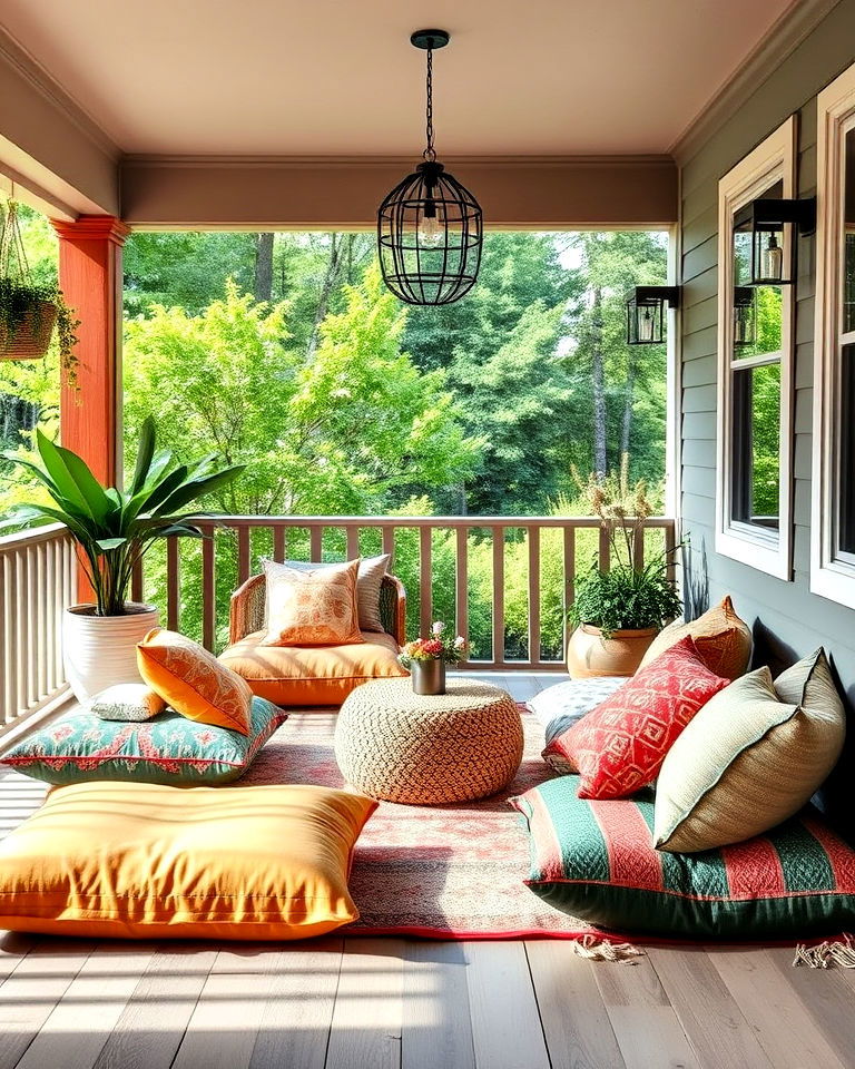 install floor cushions bohemian vibe for your veranda - 40 Veranda Ideas