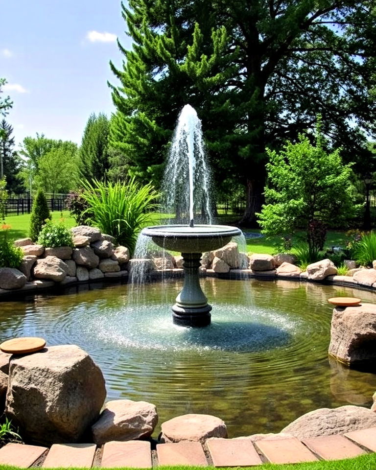 install fountains for visual interest for pond - 15 Large Pond Landscaping Ideas