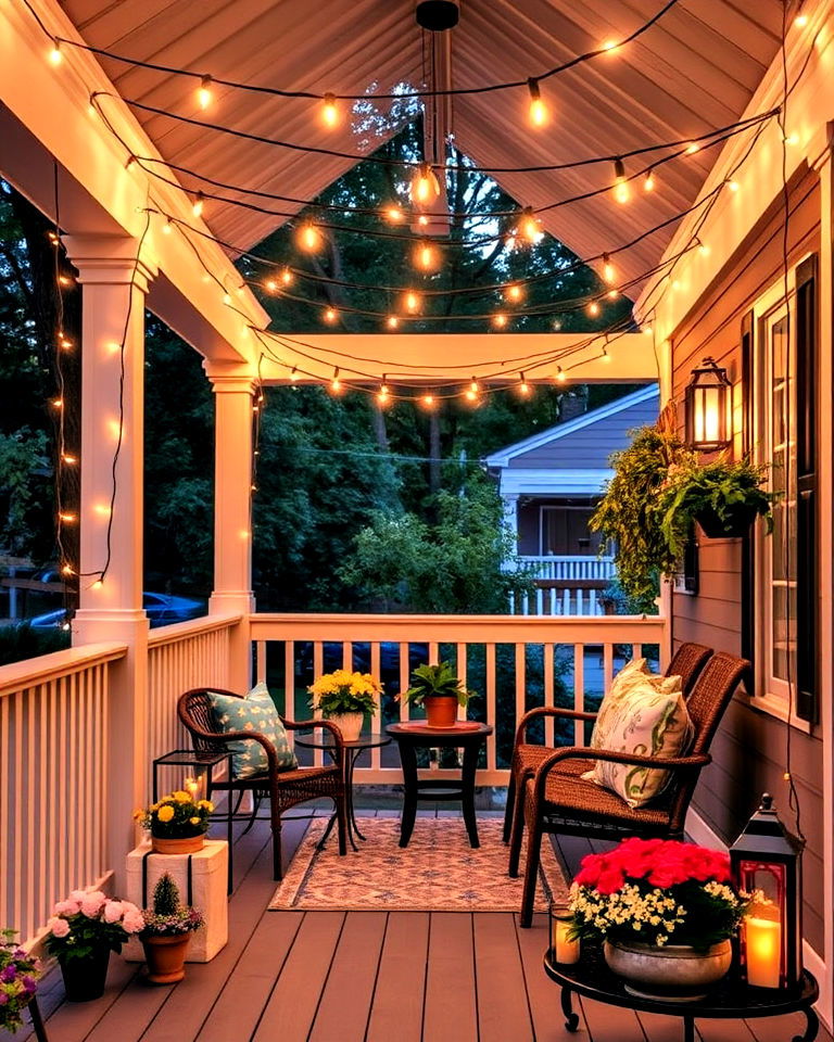 install string lights for evening charm - 25 Summer Front Porch Decor Ideas