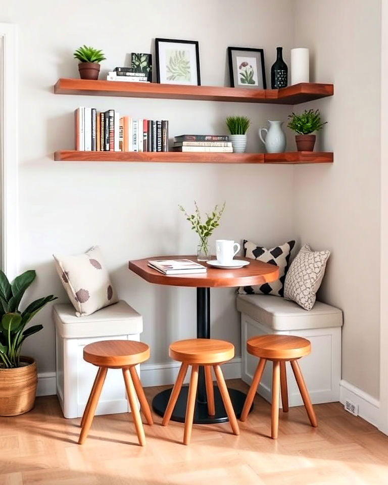integrate floating shelves into your breakfast nook - 20 Corner Breakfast Nook Ideas