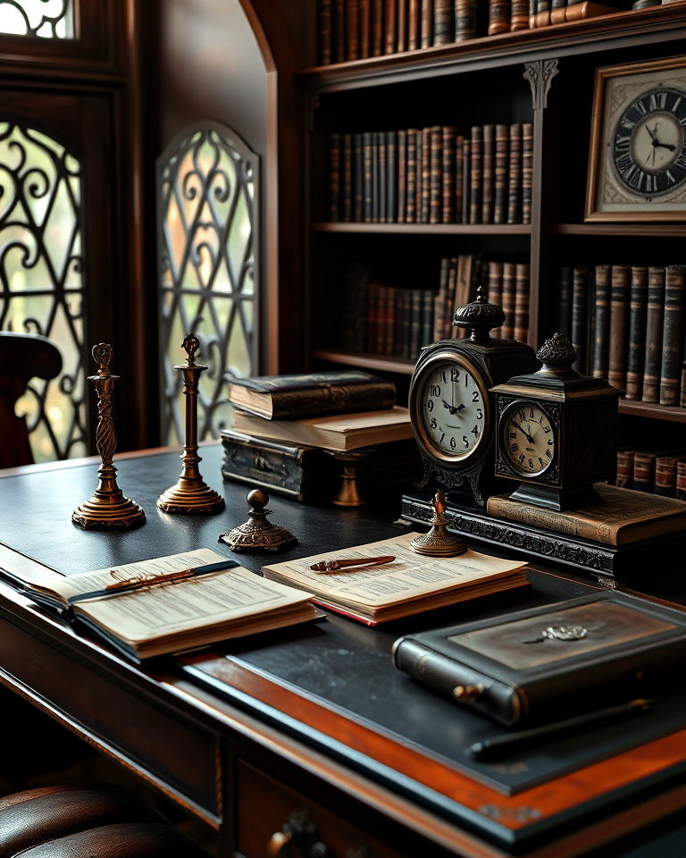 intricate desk accessories study room - 15 Dark Academia Study Room Ideas