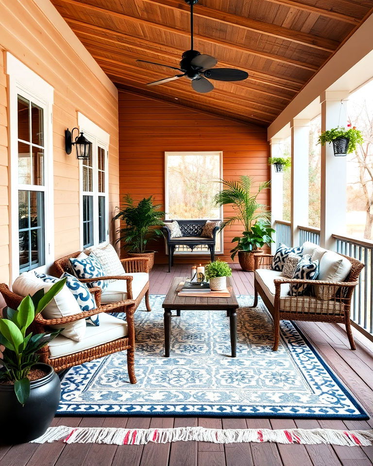 introduce a rug for comfort - 40 Veranda Ideas
