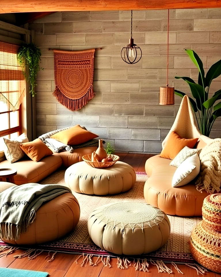 introduce low seating arrangements - 25 Rustic Boho Living Room Ideas