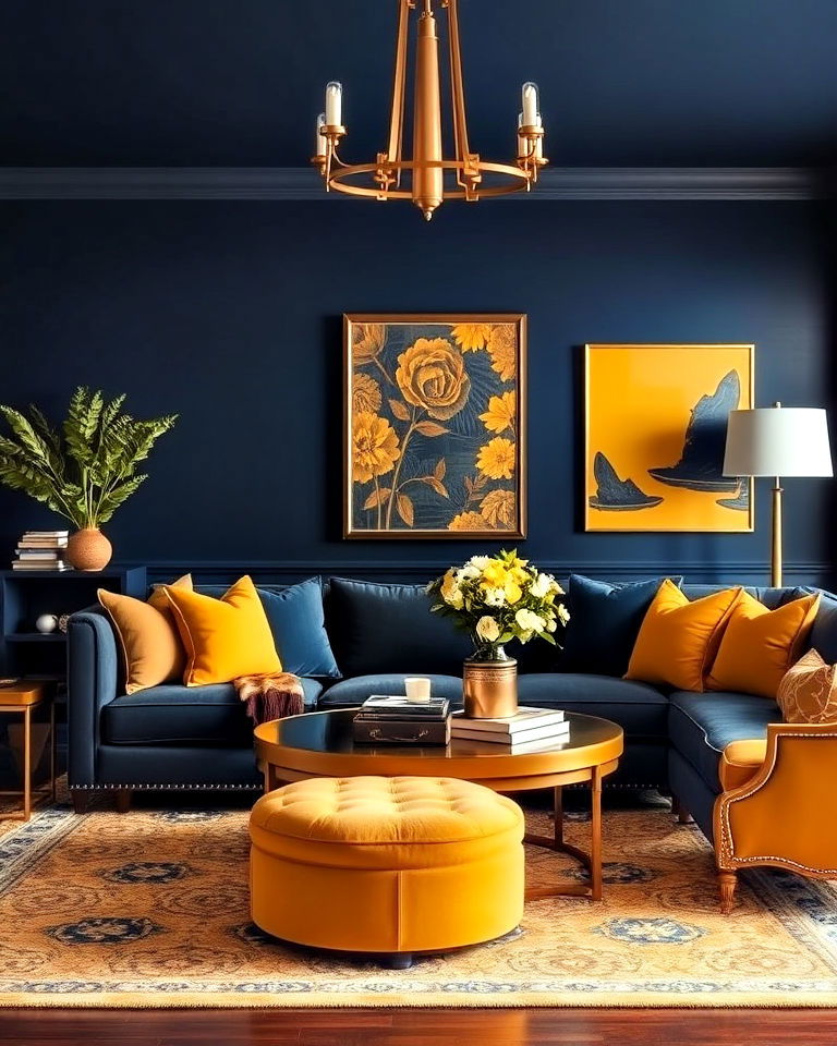 inviting mustard yellow and navy blue living room - 20 Yellow and Blue Living Room Ideas
