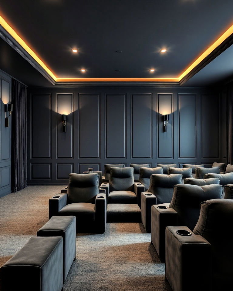 iron gray with velvet furnishings home theater - 15 Gray Home Theater Paint Color Schemes