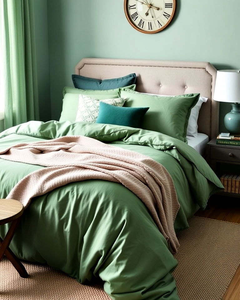 jade green bedding to create a cozy look - 15 Jade Green Bedroom Ideas