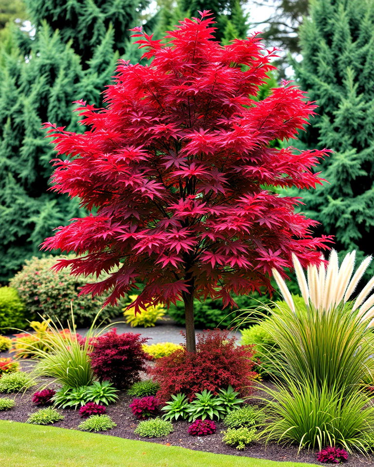 japanese maple tree in a layered planting bed - 20 Front Yard Japanese Maple Tree Landscaping Ideas
