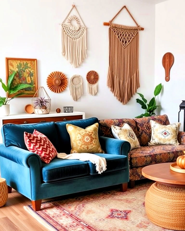 jewel toned velvet couch with a patterned fabric loveseat - 15 Mismatched Sofas in Living Room Ideas