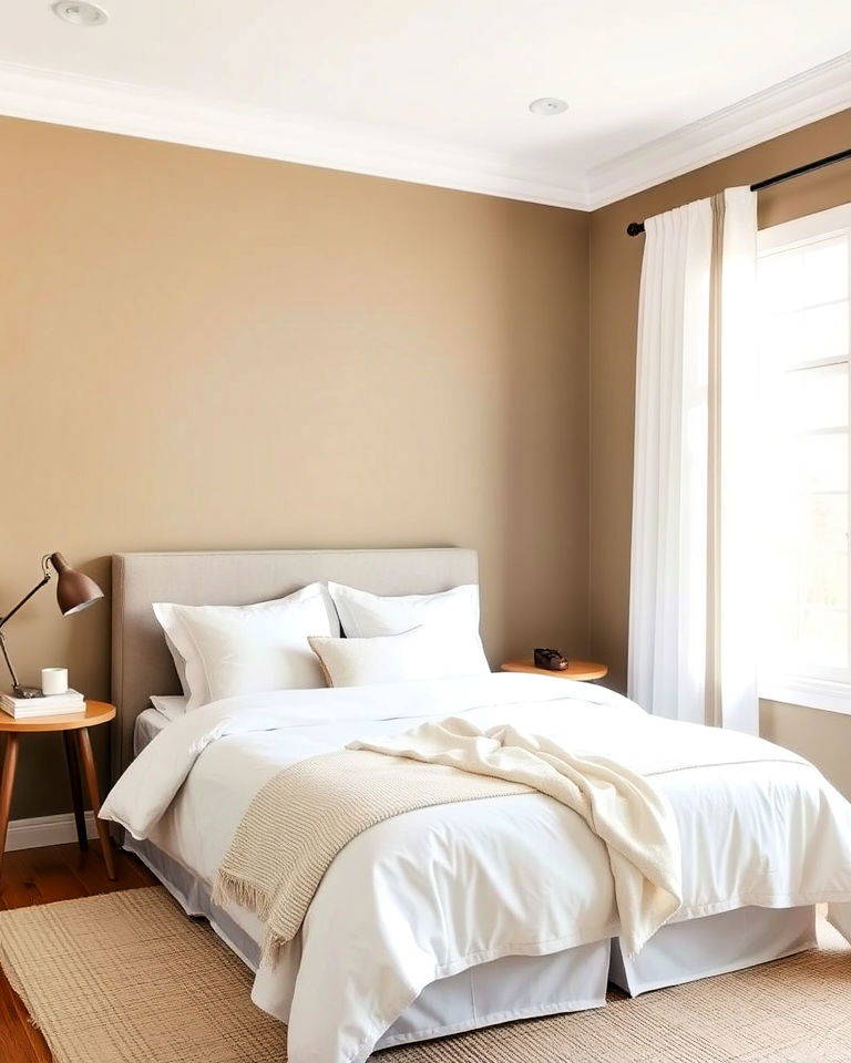 khaki walls with crisp white accents bedroom - 15 Khaki Bedroom Ideas-captions