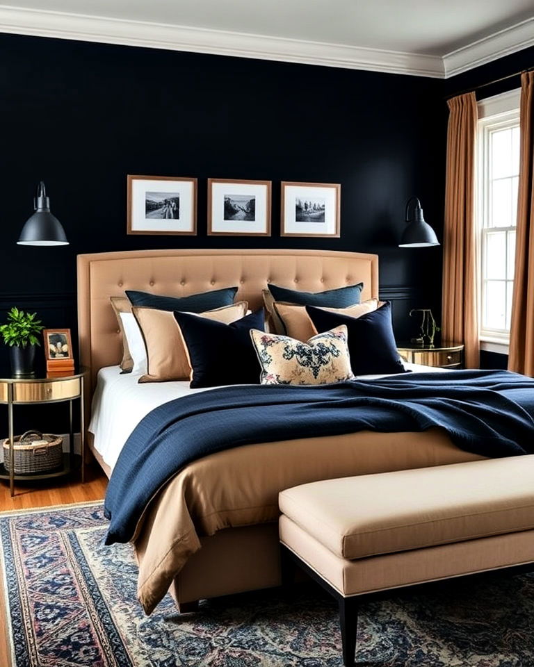 khaki with deep navy highlights bedroom - 15 Khaki Bedroom Ideas-captions