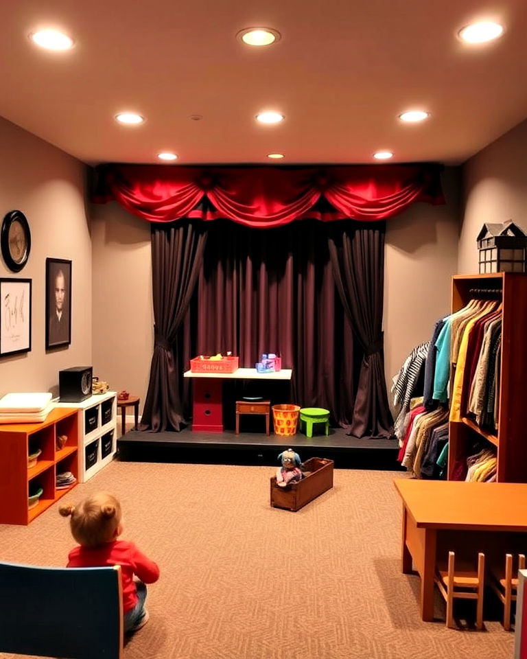 kids mini theater for performance - 20 Basement Playroom Ideas