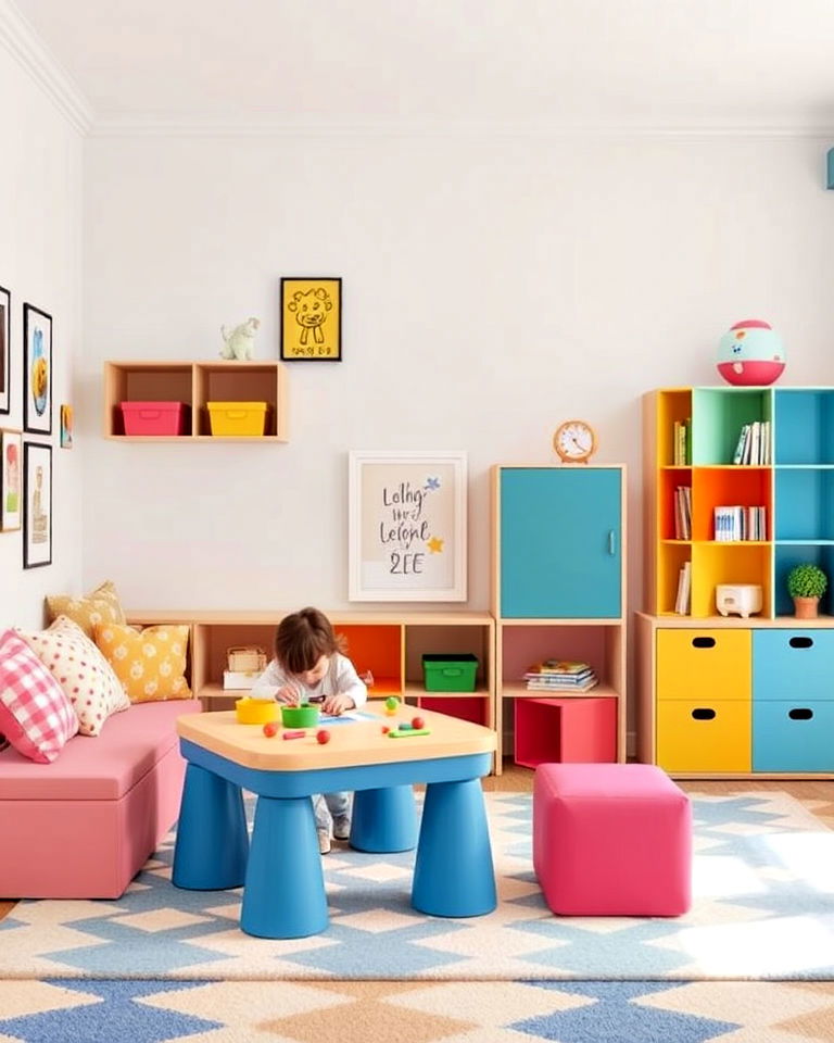 kids play zone with modular furniture - 40 Shared Kids Room Design Ideas