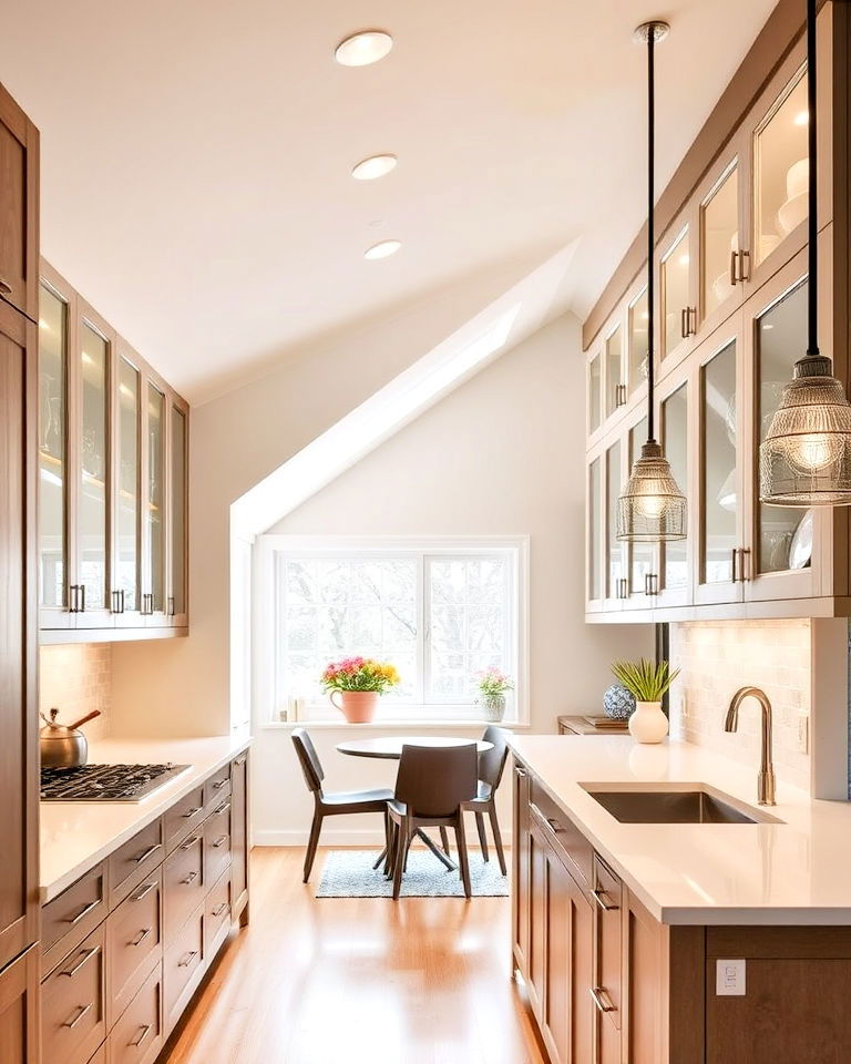 kitchen glass cabinets for transparency - 15 Sloped Ceiling Kitchen Ideas