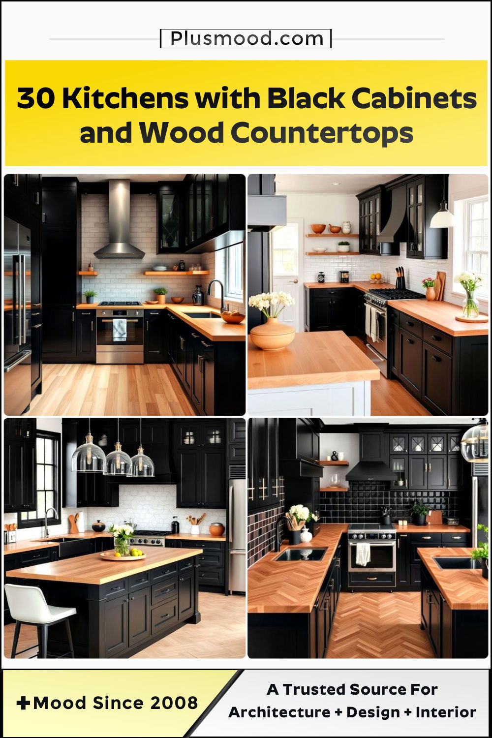 kitchen with black cabinets and wood countertops idea