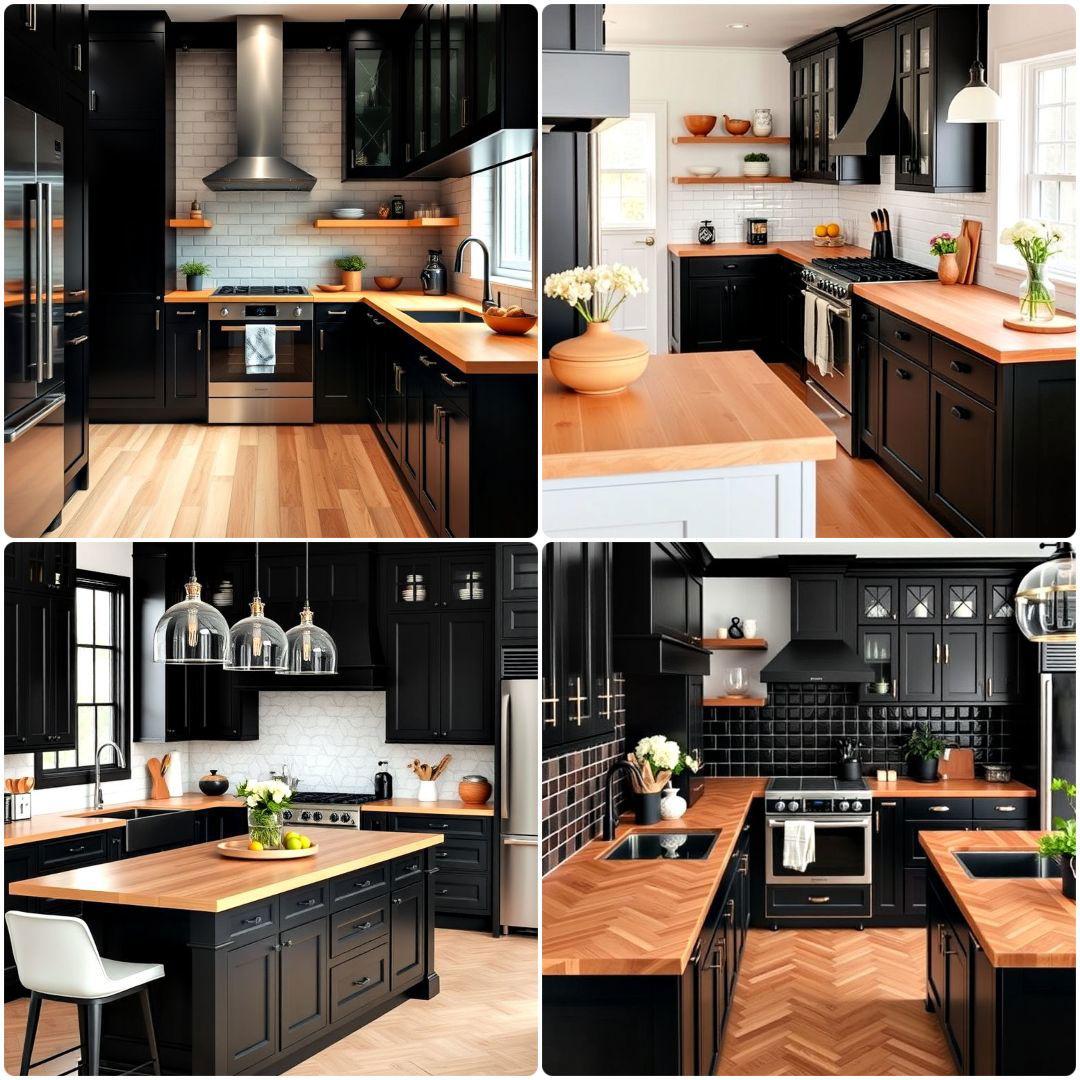 kitchen with black cabinets and wood countertops