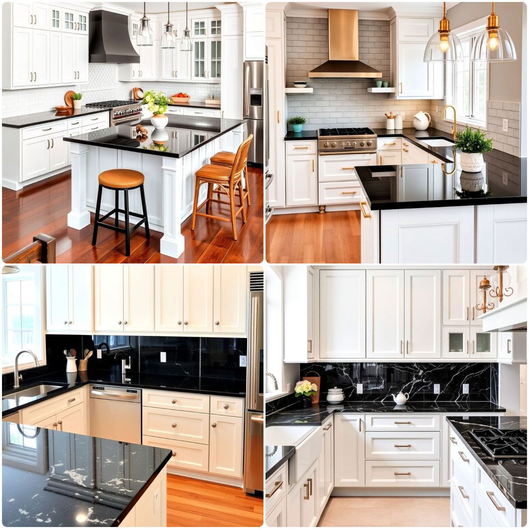 kitchen with white cabinets and black countertops ideas