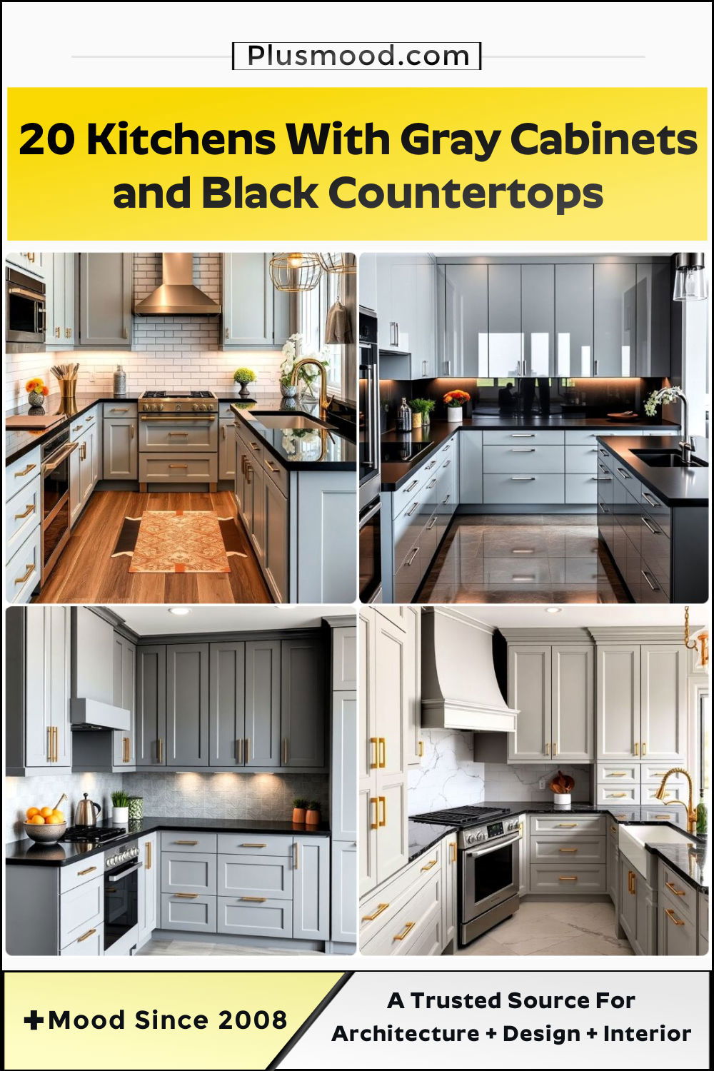 kitchens with gray cabinets and black countertops