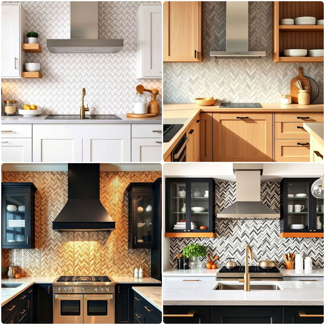 kitchens with herringbone tile backsplashes