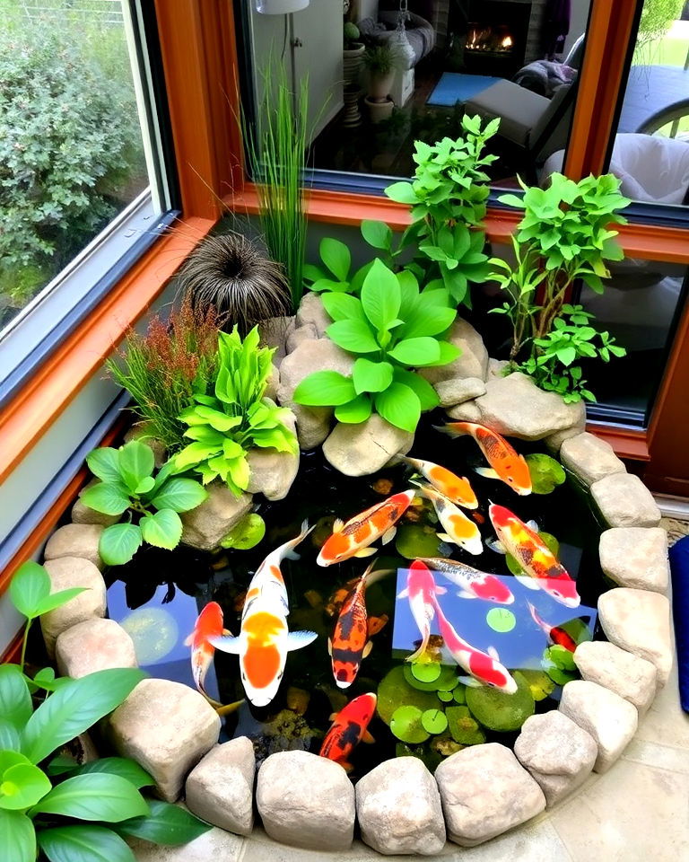 koi indoors with a compact pond in a sunroom - 15 Small Koi Pond Ideas