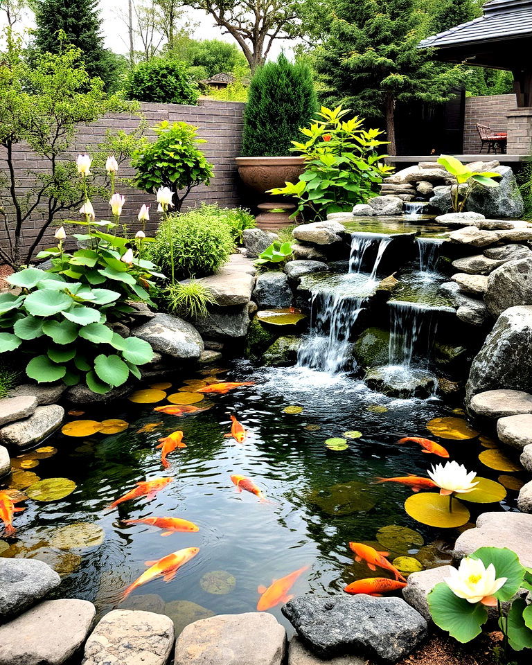 koi pond with cascading water features - 25 Asian Landscaping Ideas