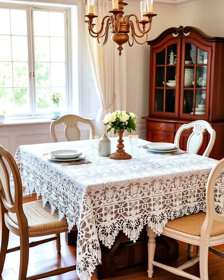 lace tablecloths cottagecore dining room - 40 Cottagecore Dining Room Ideas
