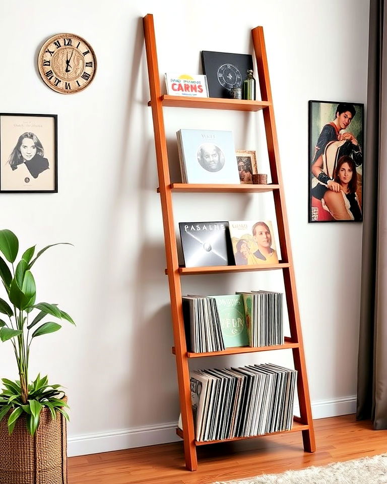ladder style shelf to vinyl record storage - 25 Vinyl Record Storage Ideas