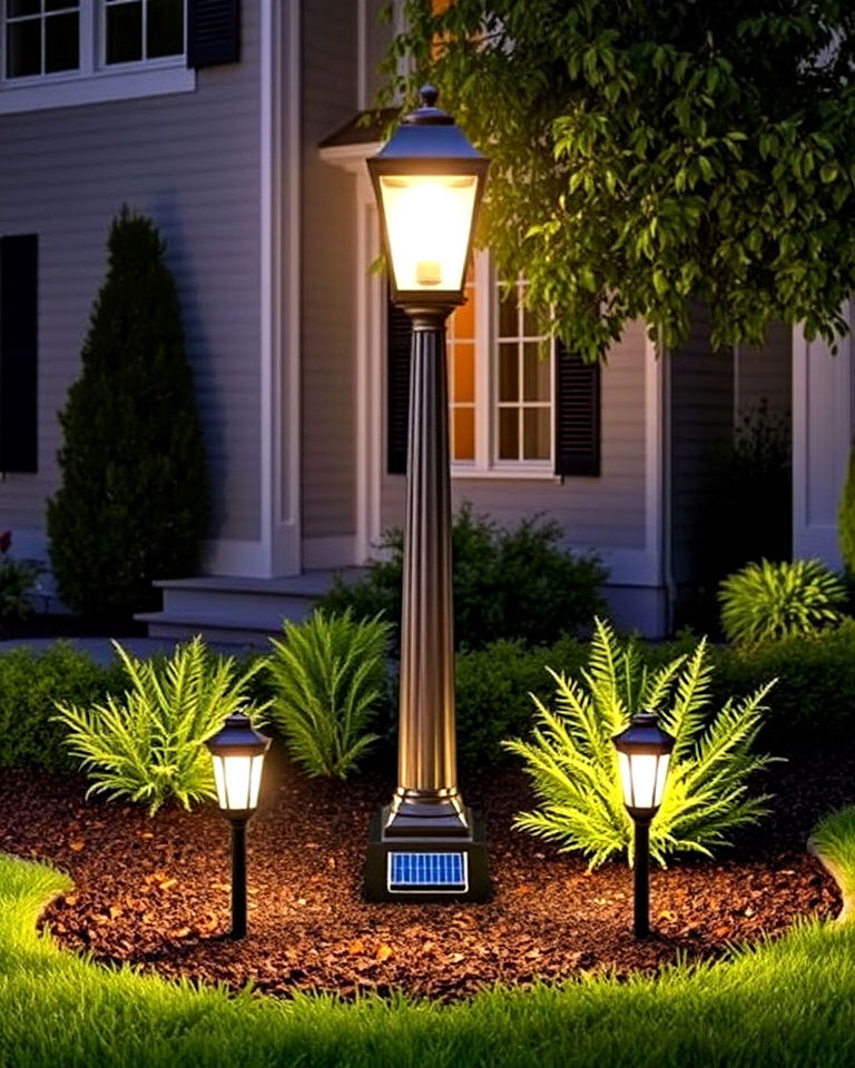 lamp post landscaping with solar powered lighting accents - 15 Front Yard Lamp Post Landscaping Ideas