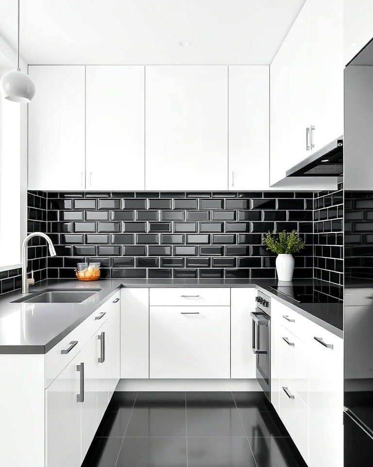 large black tiles a white kitchen for minimalist impact - 20 White Kitchen With Black Backsplash Ideas