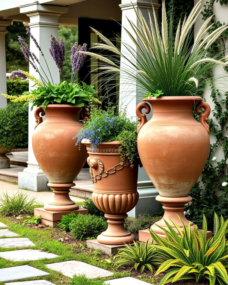 large clay urns and pottery for greek garden - 25 Greek Garden Ideas
