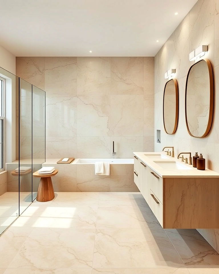 large format travertine slabs make a bold statement in the bathroom - 25 Travertine Bathroom Ideas