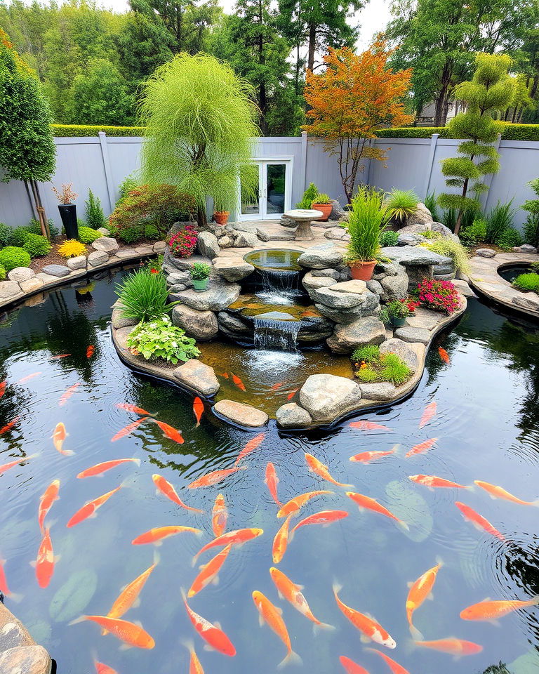 large koi pond with island waterfall - 15 Koi Pond Ideas With Waterfall
