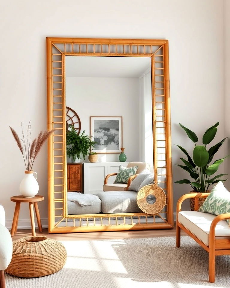 large mirror with natural frame to enhance living room - 15 Neutral Boho Living Room Ideas