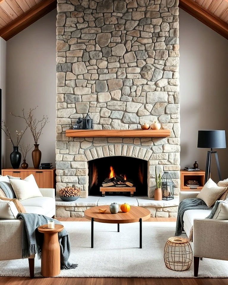 large stone fireplace rustic scandinavian living room - 20 Rustic Scandinavian Living Room Ideas