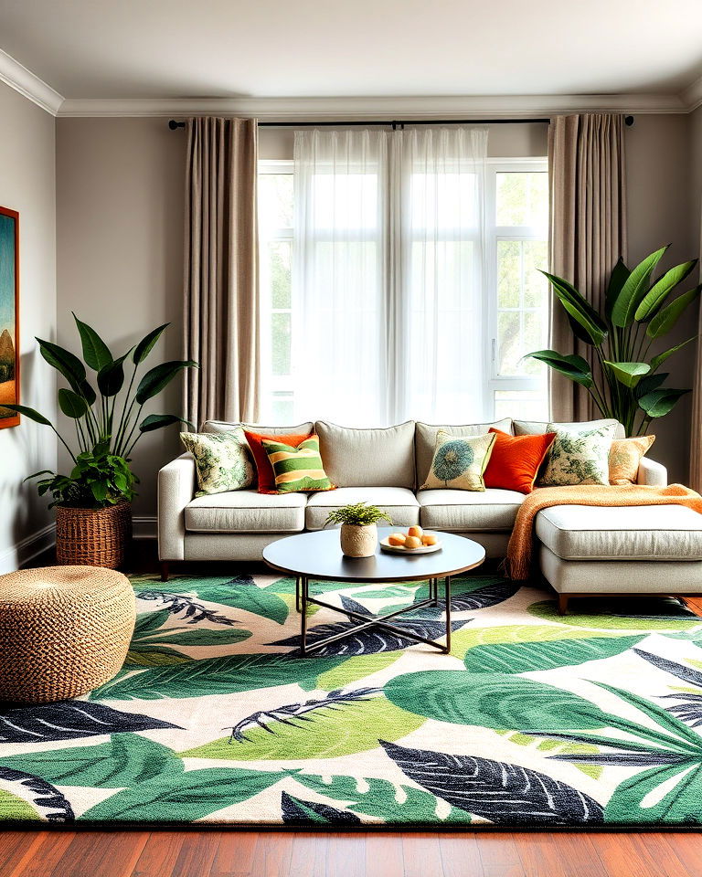 large tropical patterned rug to anchor your living room - 15 Boho Jungle Living Room Ideas