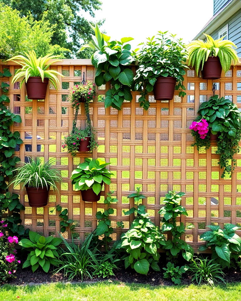 lattice panels adorned with hanging plants - 25 Property Line Landscaping Ideas
