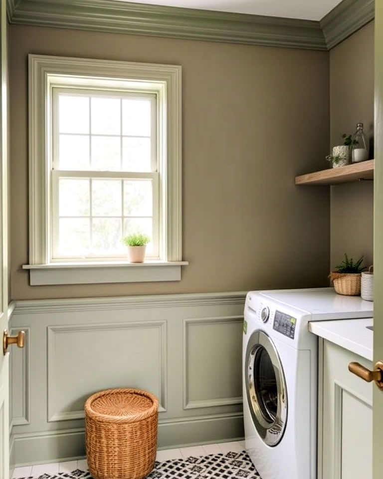 laundry room with sage green trim and molding - 20 Sage Green Laundry Room Ideas