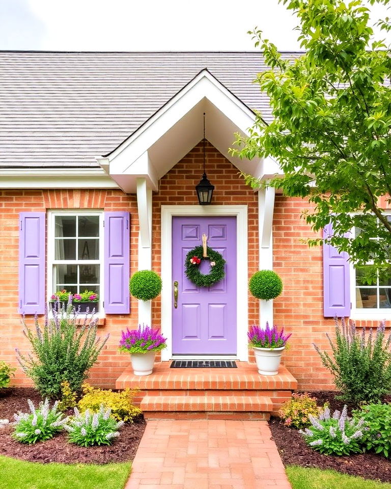 lavender accents paired with crisp white trim - 25 Blonde Brick House Color Schemes