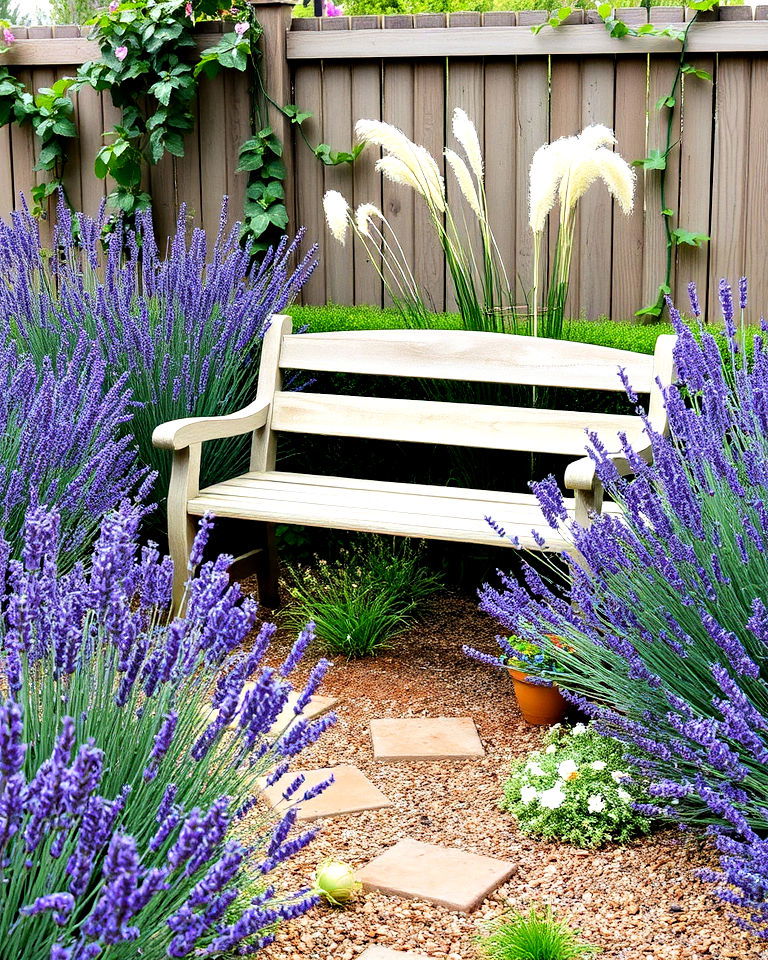 lavender garden bench nook - 25 Lavender Landscaping Ideas