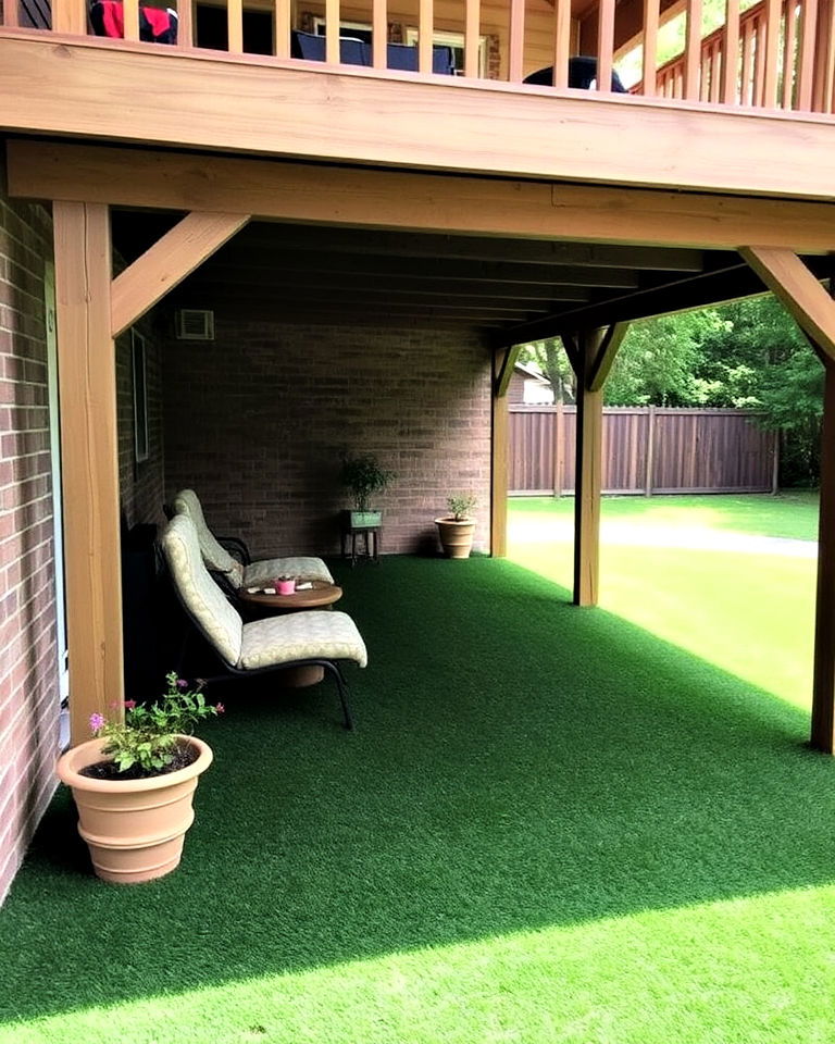 lay artificial turf under deck for a clean look - 20 Under Deck Landscaping Ideas