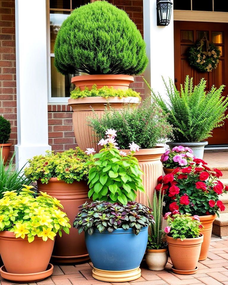layer potted plants for depth - 20 Front Yard Landscaping With Potted Plants