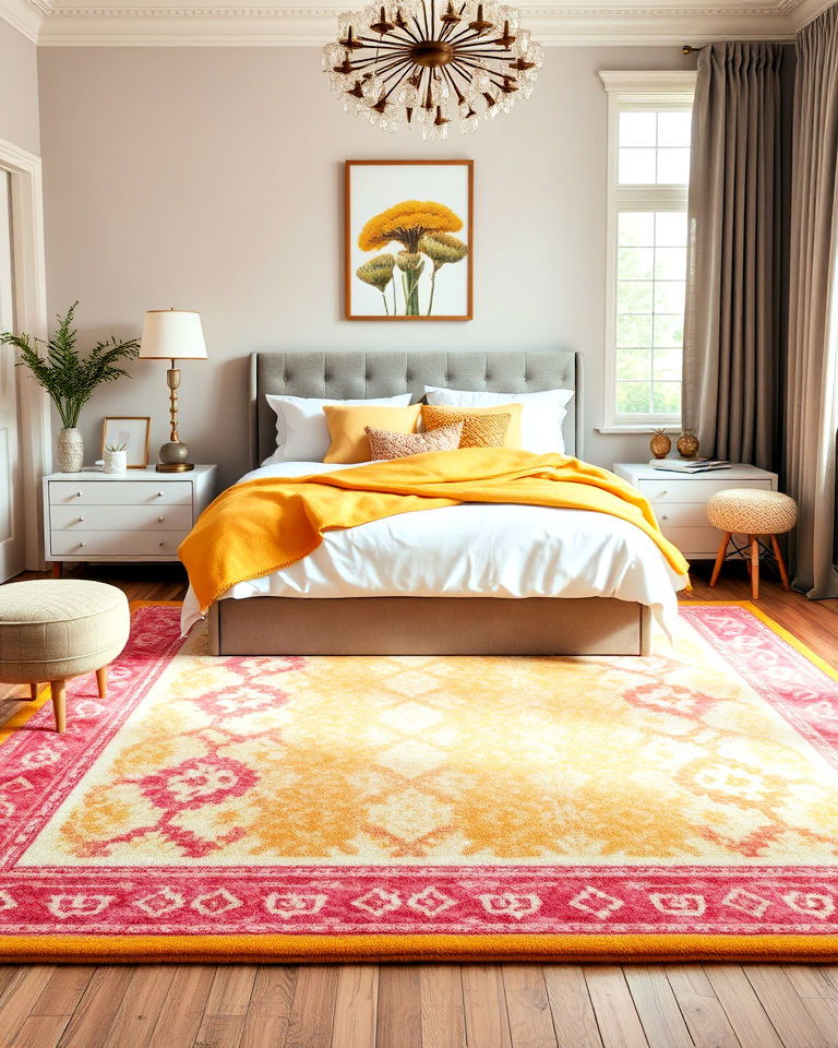 layer rugs in yellow and pink for bedroom - 25 How to Decorate With Yellow and Pink-captions