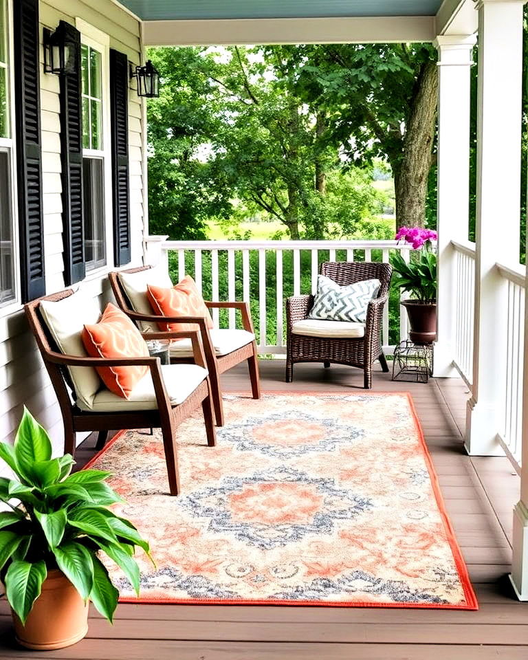 layer with outdoor rugs and mats - 25 Summer Front Porch Decor Ideas