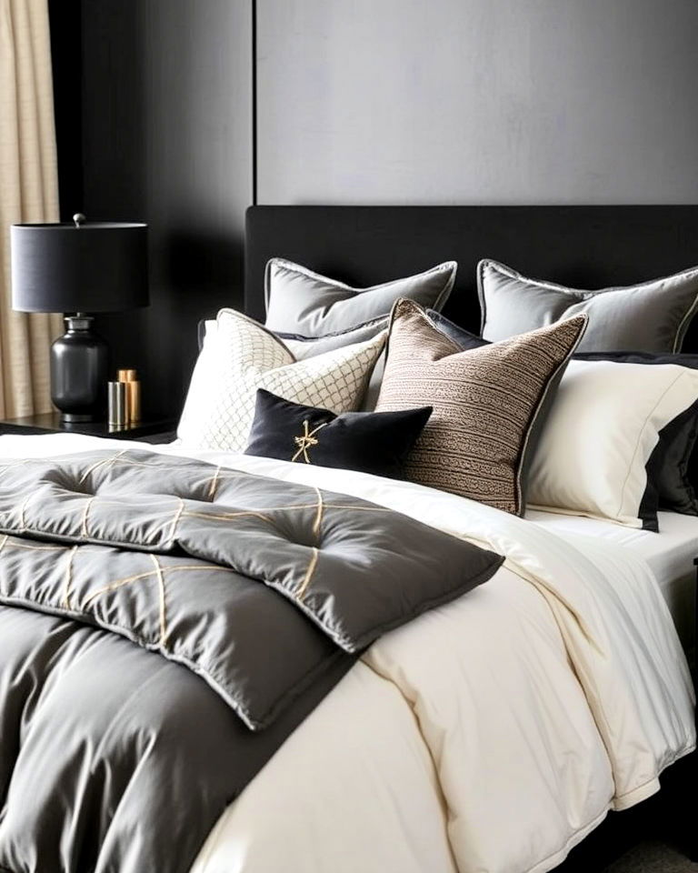 layered bedding to enhance black bedroom - 25 Luxury Black Bedroom Ideas