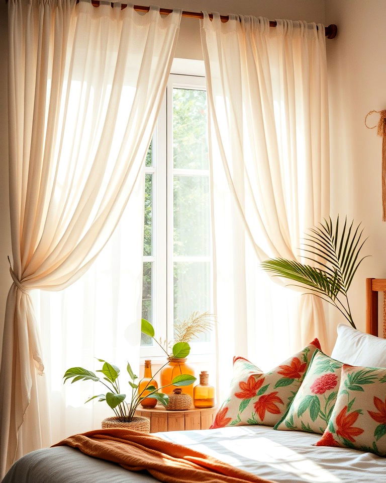 layered bedroom curtains with airy fabrics - 15 Bohemian Tropical Bohemian Decor