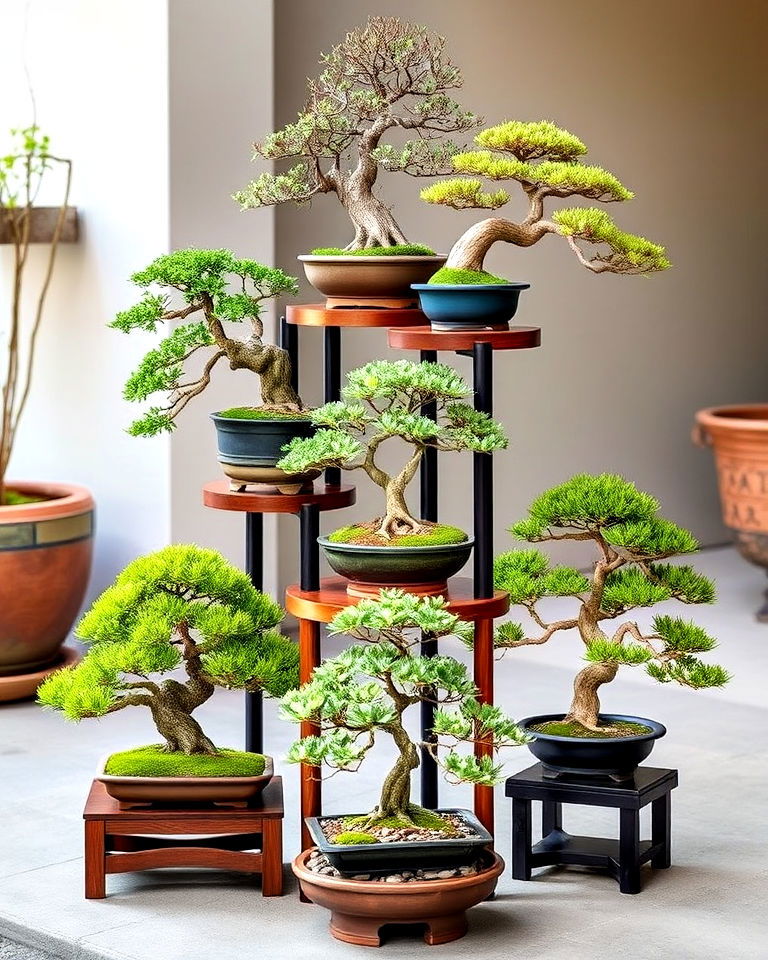 layered bonsai stand display - 15 Bonsai Garden Ideas
